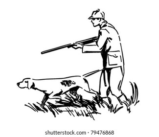 Hunter With Dog - Retro Clipart Illustration
