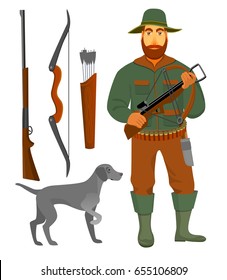 Hunter with a dog and a weapon: crossbow, bow and arrow, the gun.
