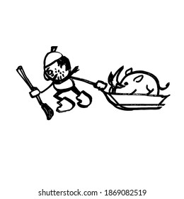 a hunter drags a dead boar on a sled. Hand-drawn funny cartoon character. Black and white vector illustration