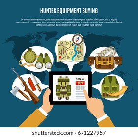 Hunter equipment composition with uniform rifle and map flat vector illustration