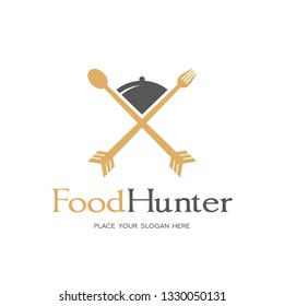 Hunter food vector logo template. This logo with hunt symbol and spoon, fork.