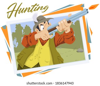 Cazador en el bosque. Hombre cazando con rifle de caza. Ilustración para internet y sitio web móvil. 