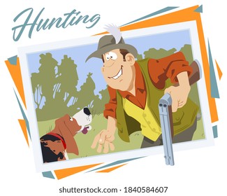 Cazador en el bosque. Hombre cazando con rifle de caza. Ilustración para internet y sitio web móvil. 