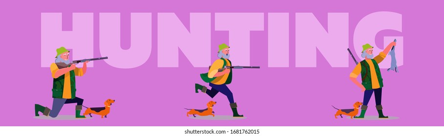 Jäger im Waldbestand. Mann mit Riffs und Badger Shooting, mit totem Tier, Herbstlandschaft. Flache Vektorgrafiken. Jagd, Freizeitkonzept für Banner, Website-Design oder Landing-Webseite