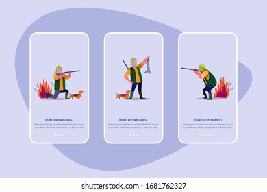 Hunter in forest set. Man with riffle and badger shooting, holding dead animal, autumn landscape. Flat vector illustrations. Hunting, leisure concept for banner, website design or landing web page