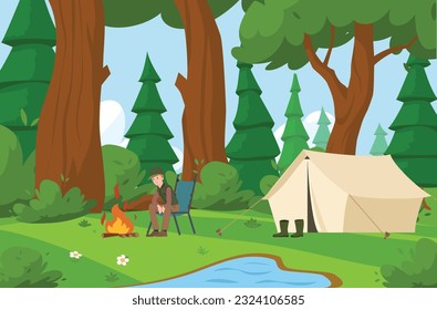 Hunter in forest sitting by fire and tent, cartoon flat vector illustration. Man hunting, camping or hiking. Nature adventure concept. Person relaxing by bonfire.