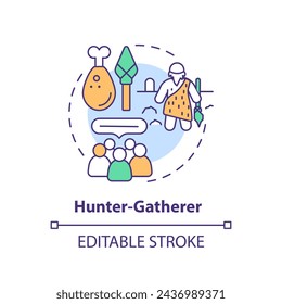 Hunter gatherer multi color concept icon. Type of society. Nomadic lifestyle. Social group. Tribal community. Round shape line illustration. Abstract idea. Graphic design. Easy to use in article