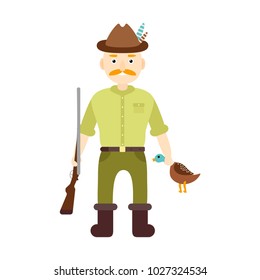 Hunter with a gun in a brown hat with feathers and dead wild duck. Vector illustration of a character