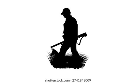 A hunter with a gun and a dog, black isolated silhouette