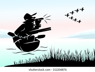 Hunter with a gun floating in the boat and beckoning decoy ducks. Vector illustration. Hunting, male hobby.