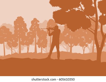 Hunter with gun with forest trees landscape vector background