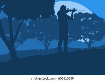 Hunter with gun with forest trees landscape vector background