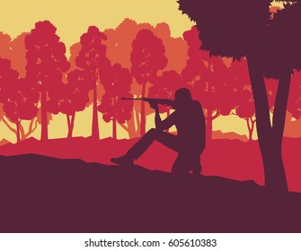 Hunter with gun with forest trees landscape vector background