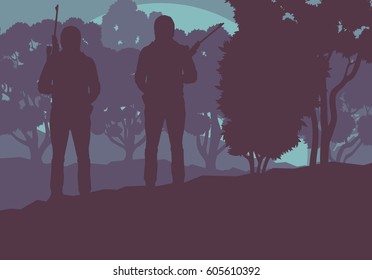 Hunter with gun with forest trees landscape vector background