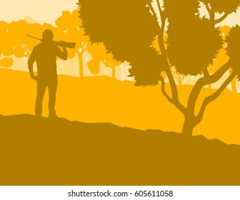 Hunter with gun with forest trees landscape vector background