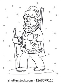 Hunter with a gun in the forest in the winter. Black and white vector for card or gift, for coloring.