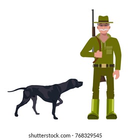 Hunter with gun and hunting dog. Vector illustration isolated on the white background