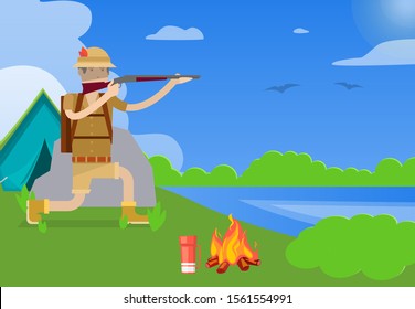 Hunter with gun vector illustration. Weapon and shotgun, hunting sport, duck and shooter cartoon character on hunt sport at summer landscape with tent and fireplace. Sunny day.