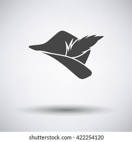 Hunter hat with feather  icon on gray background with round shadow. Vector illustration.