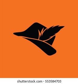 Hunter hat with feather  icon. Orange background with black. Vector illustration.