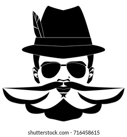 Hunter hat with feather. Traditional Bavarian hunting hat with feather. German man staying in Bavarian hat and moustache, bearder, glasses. Vector illustration.