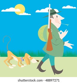 Hunter and his dog hunting vector illustration cartoon