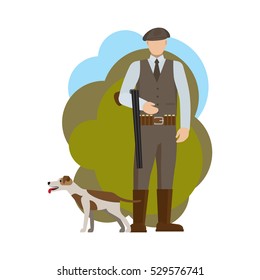 Hunter and his dog, vector illustration on white background