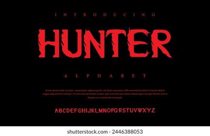 Hunter horror halloween Font Uppercase Lowercase and Number. Spooky Lettering Minimal Fashion Designs. Typography modern serif fonts regular decorative vintage concept. vector illustration