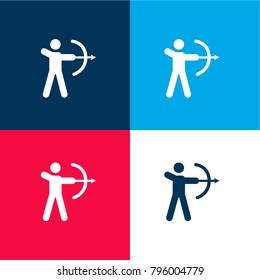 Hunter hunting with bow and arrow four color material and minimal icon logo set in red and blue
