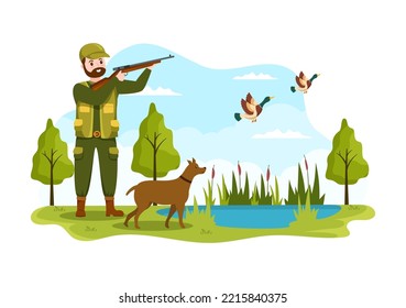Hunter with Hunting Rifle or Weapon Shooting to Birds or Animals in the forest on Flat Cartoon Hand Drawing Template Illustration