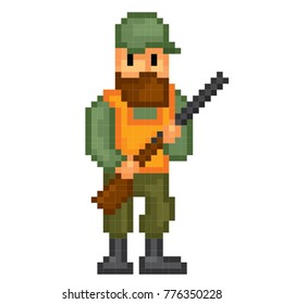 Hunter icon. Pixel art. Old school computer graphic style. Games elements.