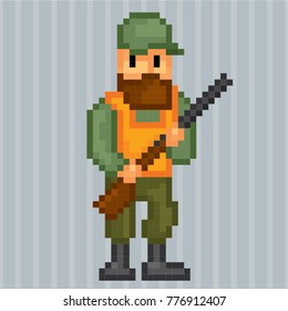 Hunter icon. Pixel art. Old school computer graphic style. Games elements.