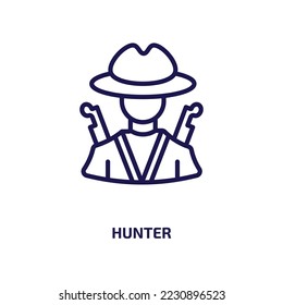 Jäger-Symbol aus der Berufssammlung. Dünner linearer Jäger, Mann, Forschungsrahmensymbol einzeln auf weißem Hintergrund. Zeilensymbol für Vektorjäger, Symbol für Web und Mobile