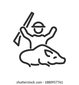 Jäger tötete ein Wildschwein, Hut, Pistole, lineares Symbol. Bearbeitbarer Hub