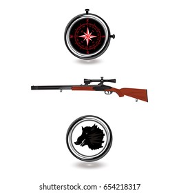 Hunter kit. Compass, pistol, emblem of wild boar head - isolated on white background - art of creative modern vector illustration. Hunting banner