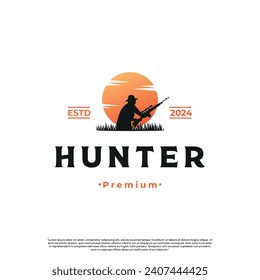 Hunter logo design on isolated background, man with gun logo silhouette