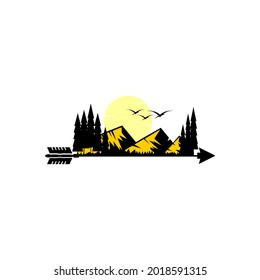 hunter logo illustration with mountains and arrows