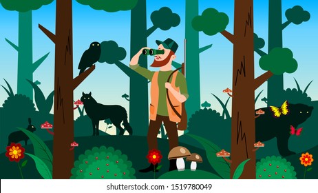 Hunter looks through binoculars in the forest. Animals hiding from the hunter behind the trees. Colorful cartoon vector illustration