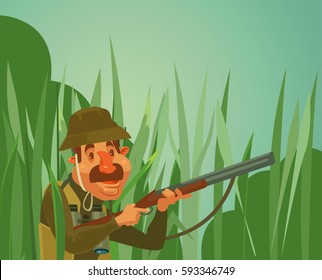 Hunter man character hunt ducks. Vector flat cartoon illustration