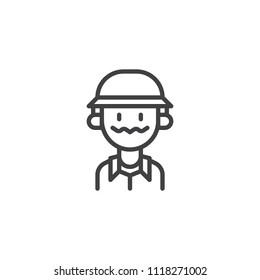 Hunter man in hat outline icon. linear style sign for mobile concept and web design. Happy hunter simple line vector icon. Symbol, logo illustration. Pixel perfect vector graphics