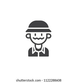 Hunter man in hat vector icon. filled flat sign for mobile concept and web design. Happy hunter simple solid icon. Symbol, logo illustration. Pixel perfect vector graphics