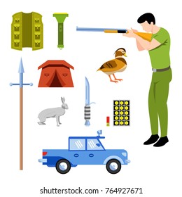 Hunter man and hunting object icons set, flashlight, shotgun, spear, hare, knife, cartridges, duck bait and car vehicle, cartoon flat design vector illustration.