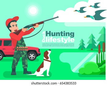 Hunter man in red cap with dog aiming or hunting in a duck hunt flat vector design