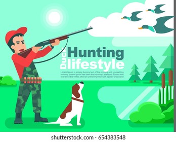 Hunter man in red cap with dog aiming or hunting in a duck hunt flat vector design