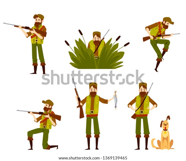 白い背景に猟師がライフル銃と犬のセットの平らなデザインイラストを撮影し 照準 を合わせます 迷彩漫画のキャラクターに銃を持つベアディー のベクター画像素材 ロイヤリティフリー