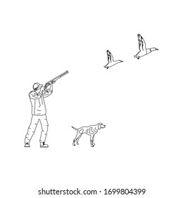 hunter man with spotted dog, shooting ducks flying, vector illustration