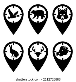 For a hunter, a mark on the map in the form of an optical sight with a silhouette of a duck, bear, wolf, hare, deer, boar. GPS tag, places for hunting wild animals. Vector icon set.