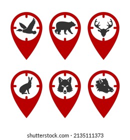For a hunter, a mark on the map in the form of an optical sight with a silhouette of a duck, bear, wolf, hare, deer, boar. GPS tag, places for hunting wild animals. Vector icon set.
