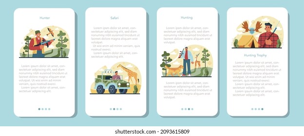 Hunter mobile application banner set. Man with a weapon hunting in a woods with a dog. Hunting sport and safari. Outdoor recreation and hobby. Flat vector illustration