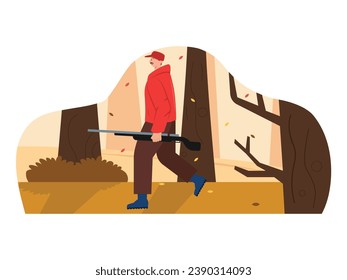 Jäger mit Schnurrbart, mit einem Hut und einer roten, dicken Jacke, die im Herbst mit einer Waffe im Wald spaziert. Zeichendesign. Vektorgrafik